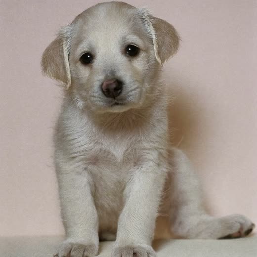 A small freshly washed puppy sitting calmly